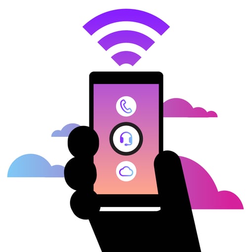 illustration of person holding smartphone, with three icons on it